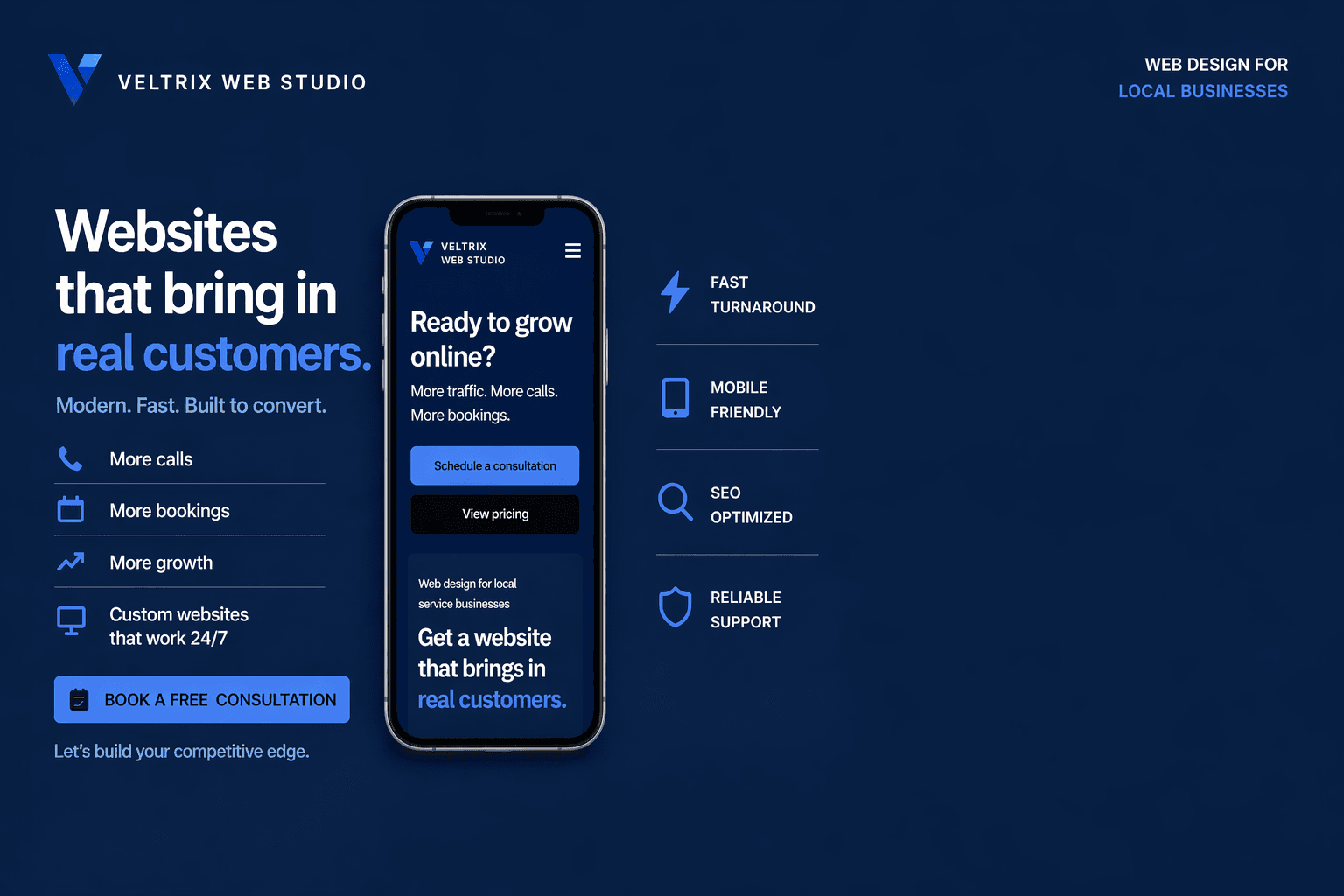 Veltrix Web Studio advertisement highlighting mobile-friendly, SEO-optimized website design services for local businesses.